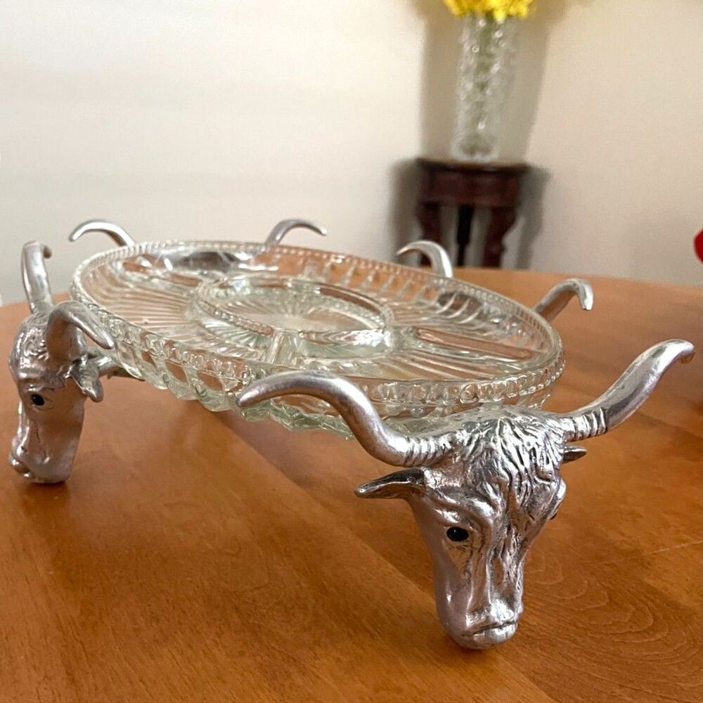 Arthur Court? Texas Bull Longhorn Cow Glass Eyes Serving Dish &Insert Signed Vtg